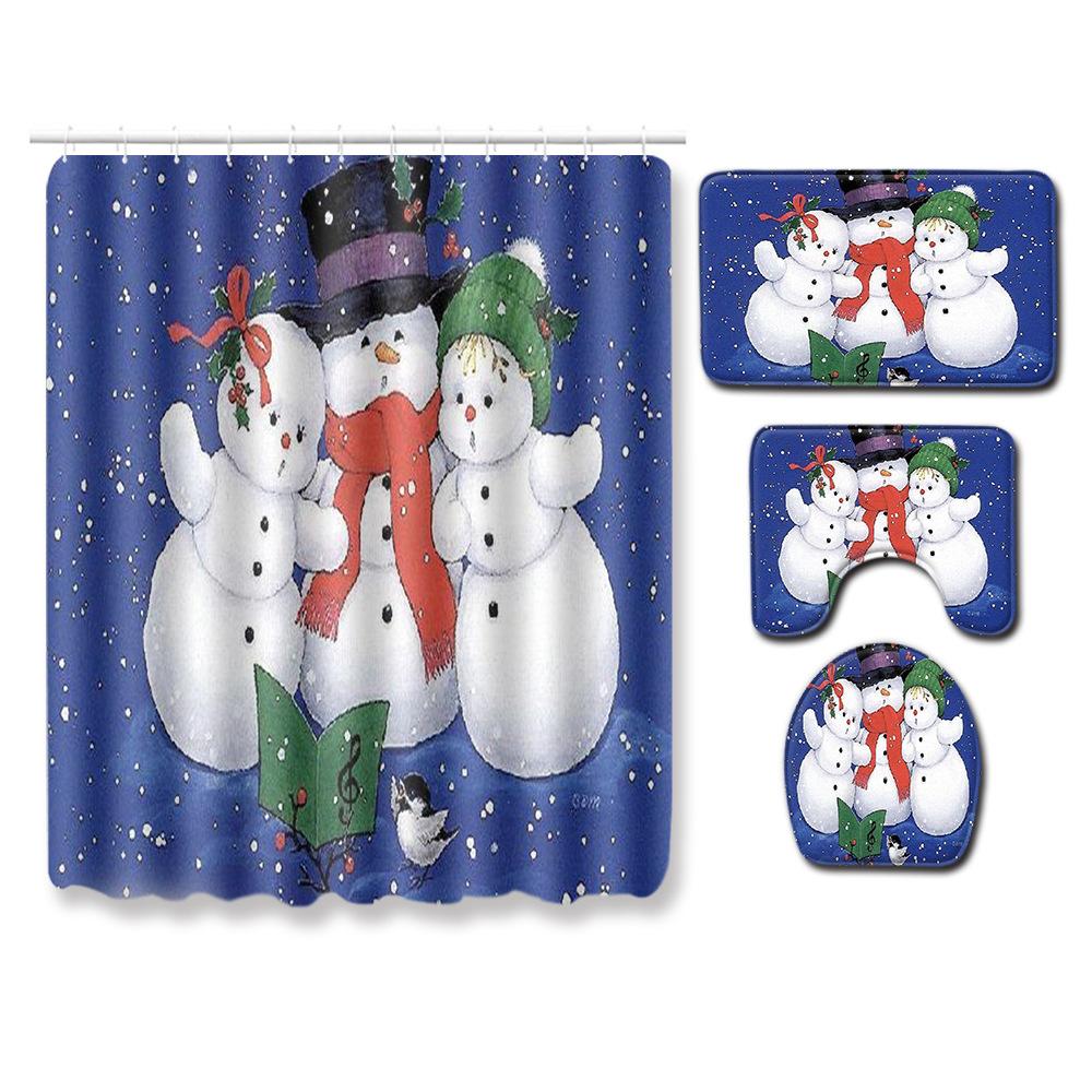 Christmas Shower Curtain Floor Mat Combination Four-Piece Set Bathroom Toilet Carpet Shower Room Mat Foot Mat