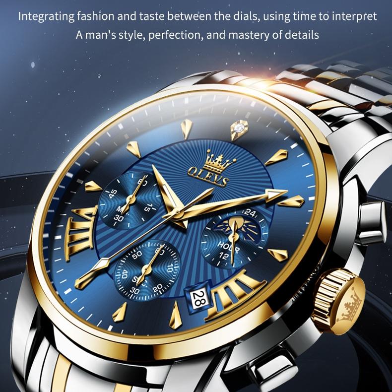 OLEVS Značkové pánske hodinky Multifunkčné módne hodinky Quartz Nové vodotesné hodinky Quartz z oceľového opasku