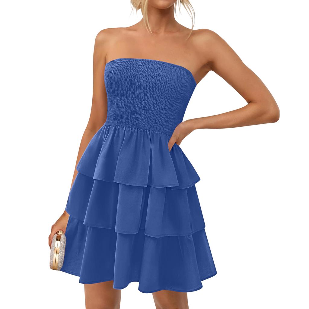 Damen Farb Sommer Trägerlos Schulterfrei Freizeitkleid