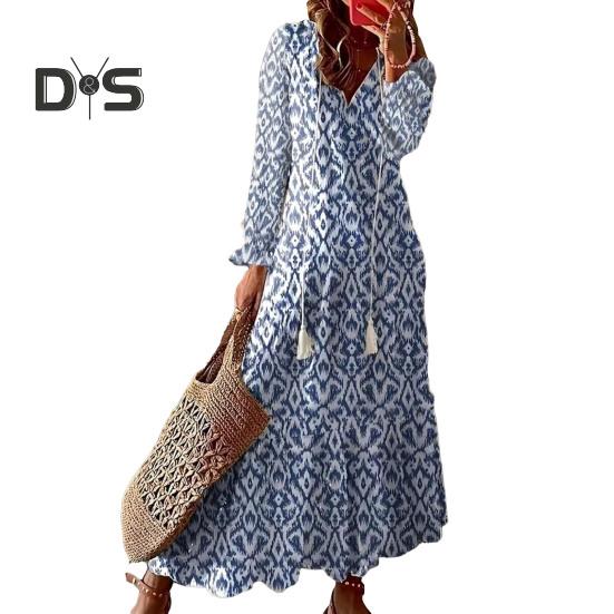 

Женское платье с кисточками, принтом, оборками, А-силуэтом, свободным подолом, средней талией, длинными рукавами, V-образным вырезом, мягкой длиной до щиколотки, в стиле бохо, пляжное макси-платье XL синий