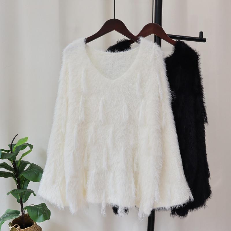 Imitation mink velvet fringed design sweater pullover women's autumn and winter new loose soft waxy knitted sweater top