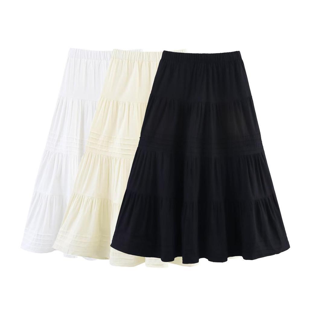 2025 Spring Women's Fashion European & American Style Cotton Striped Layered Midi Swing Skirt