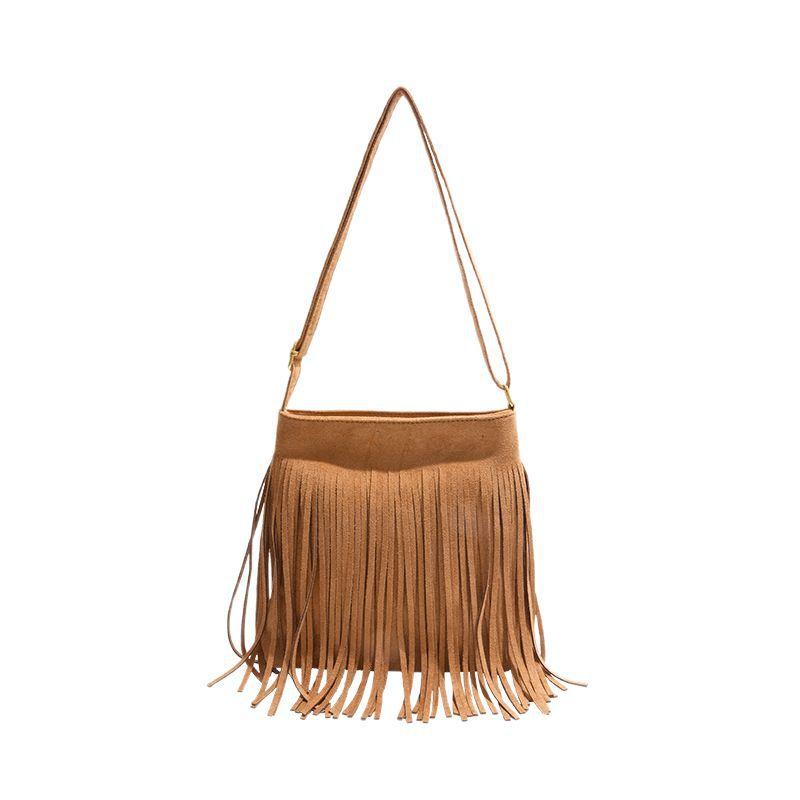 2025 new American bohemian fringed messenger bag retro matte texture bucket shoulder bag commuter women's bag