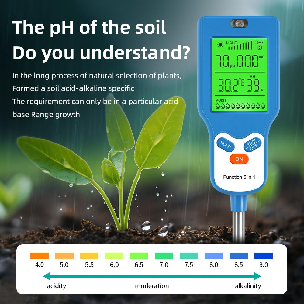 90° Rotation Soli Detector 6 In1 Soil Tester Sunlight Fertility Humidity Temp Soil Moisture PH Meter for Pot Planting Greenhouse