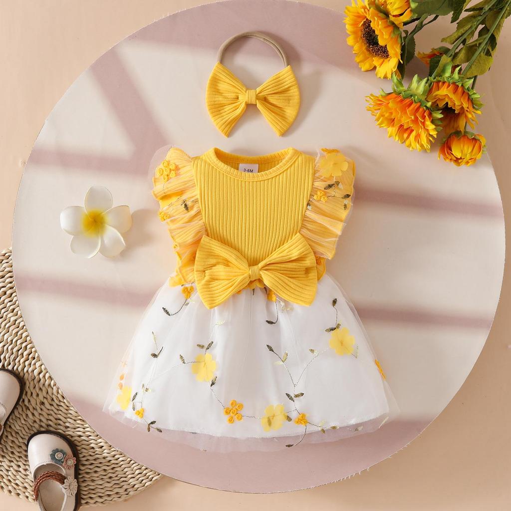 Baby Ruffle Bow Flower Mesh Dress Jumpsuit for 0-2 Years