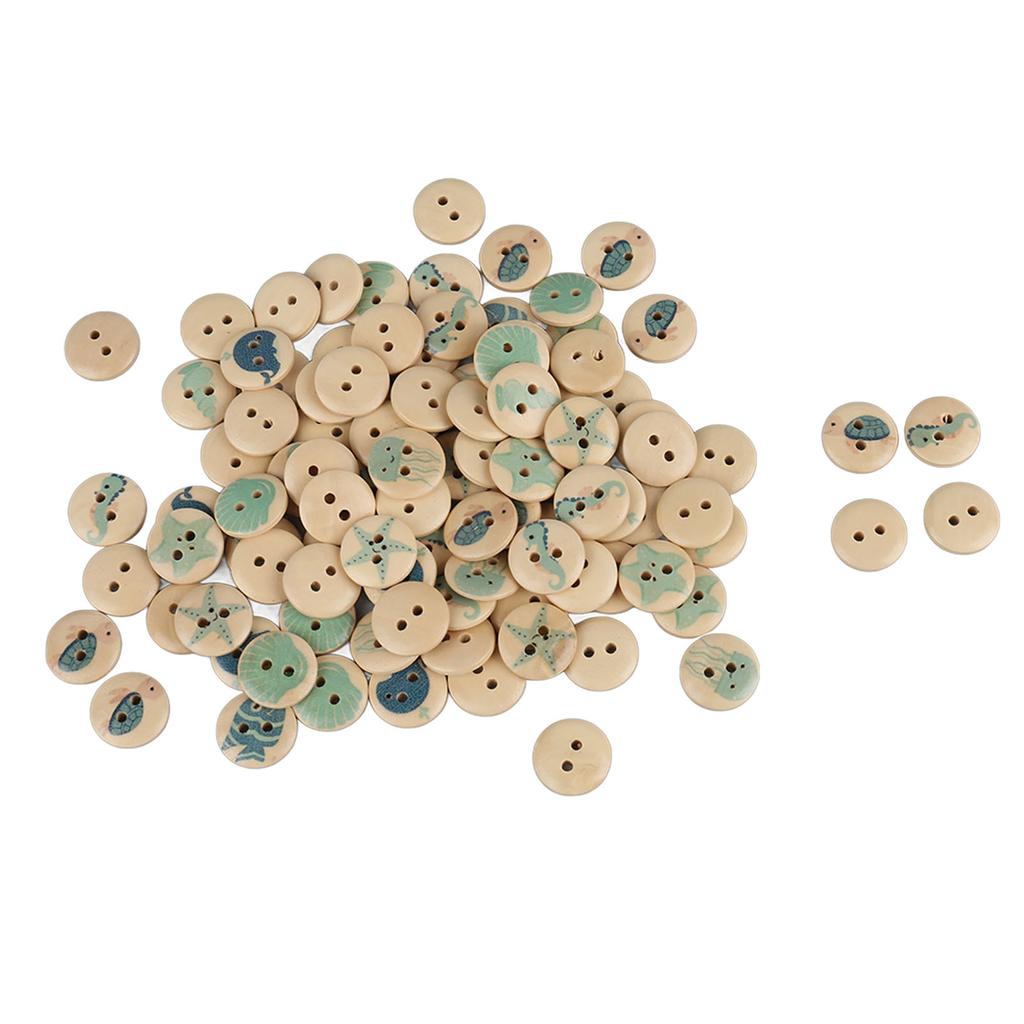 100pcs Mixed Printing Wooden Buttons 2 Holes Round Decorative Wooden Buttons for Sewing Craft