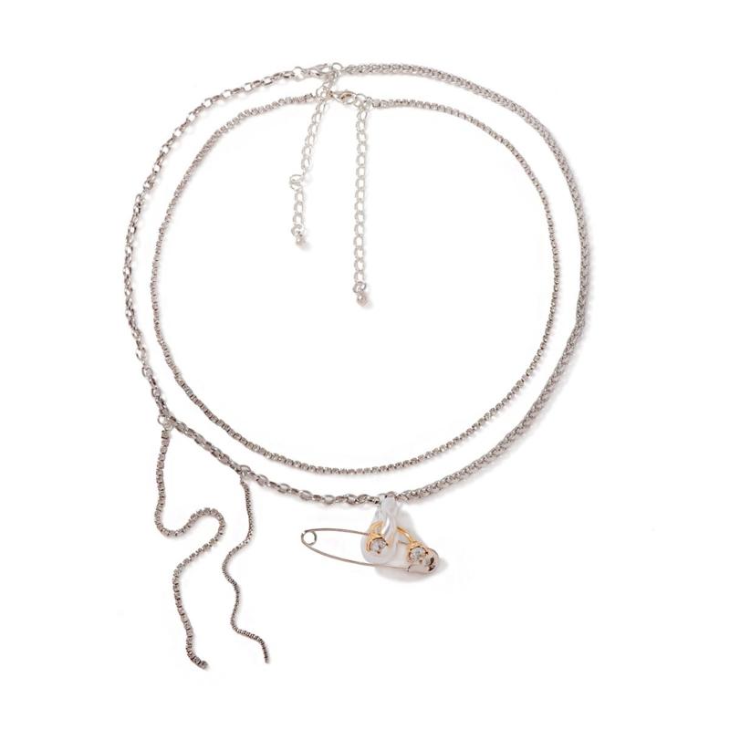 

Винтажное асимметричное металлическое ожерелье-цепочка с подвеской-булавкой из искусственного жемчуга, шейная цепочка для женщин, модная бижутерия 1 серебряный