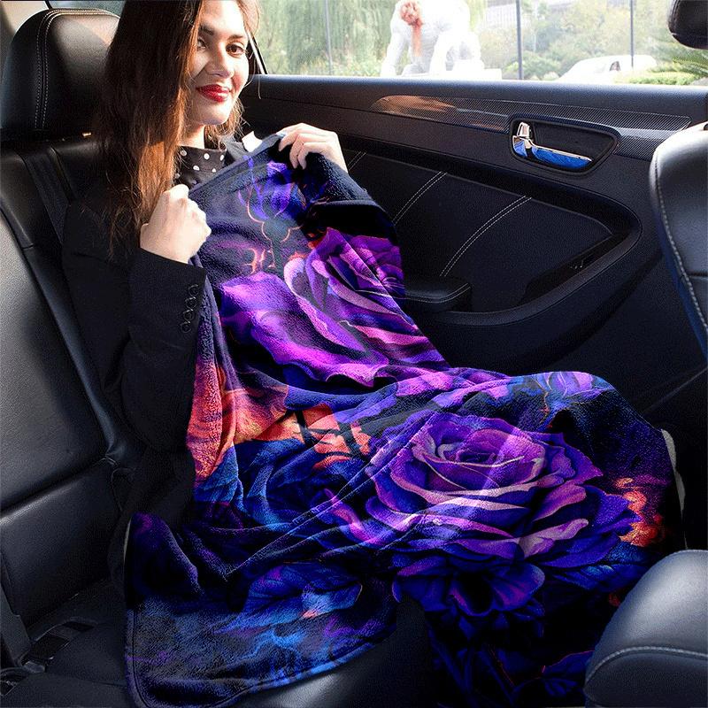 1pc Purple Rose Printing Lightweight Flannel Blanket, Comfortable and Warm Blanket, for Camping Sofa Bed and Couch Office, Gift