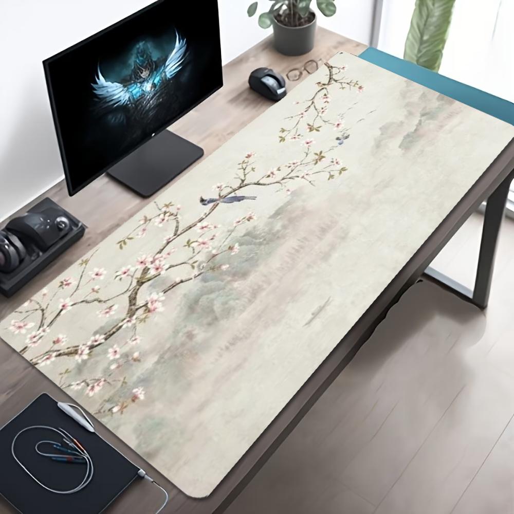 Large Chinese Ink Cherry Blossom Bird Art Mousepad XXL Non‑Slip Rubber Deskmat Pc Game Keyboard Desk Mats Mouse Mat Gamer