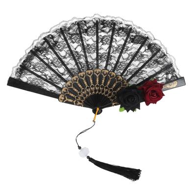 Folding Stylish Rose White and Black with Dance Accessory for Japanese Costume Sports Fireworks New Photography Prop for Men and Women [LYING] Fan,