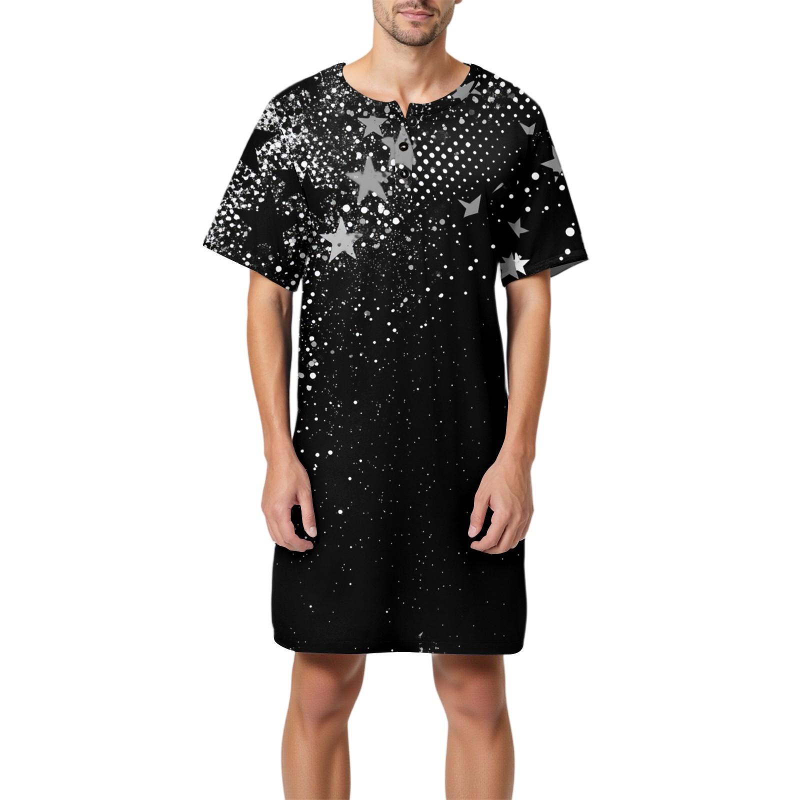 Мужская мода Принтованная хлопковая пижама с коротким рукавом Воротник на пуговицах Длинная свободная домашняя одежда XXL чёрный