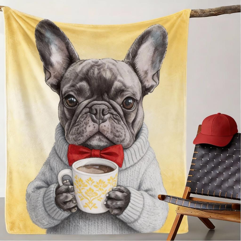 1pc Vintage French Bulldog with Coffee Print Flannel Throw Blanket - Cozy Soft Polyester Knitted Blanket for Sofa,Nap Blanket