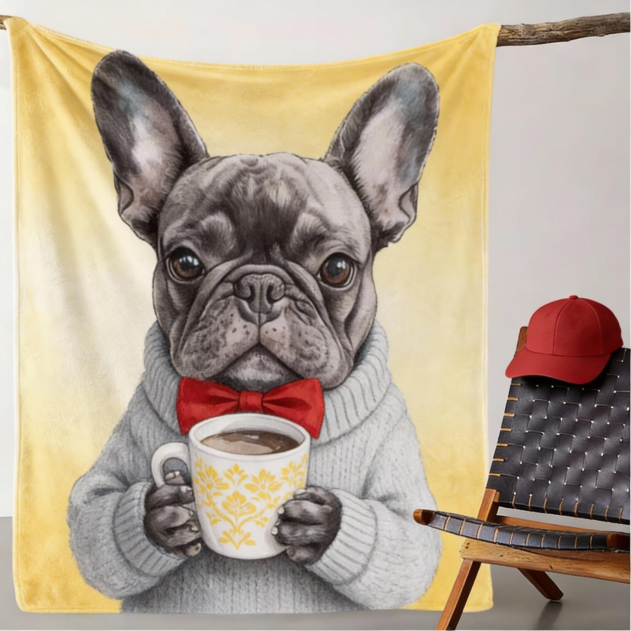 

1pc Vintage French Bulldog with Coffee Print Flannel Throw Blanket - Cozy Soft Polyester Knitted Blanket for Sofa,Nap blanket 130x150cm