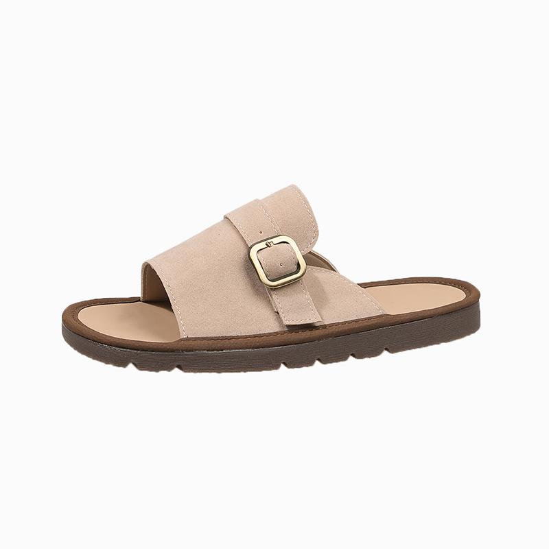 Fashion Women's Flat Sandals Summer New Style Round Head Open Toe Cow Suede Metal Buckle Soft Sole Anti-slip Wear-resistant Slippers