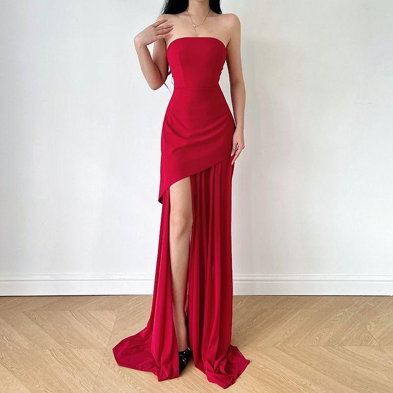 

Xiaoke Wiwi Tube Top Sexy dresses for women Women Summer New High Sense Slim fit Host Banquet Formal Dress Skirts Red L