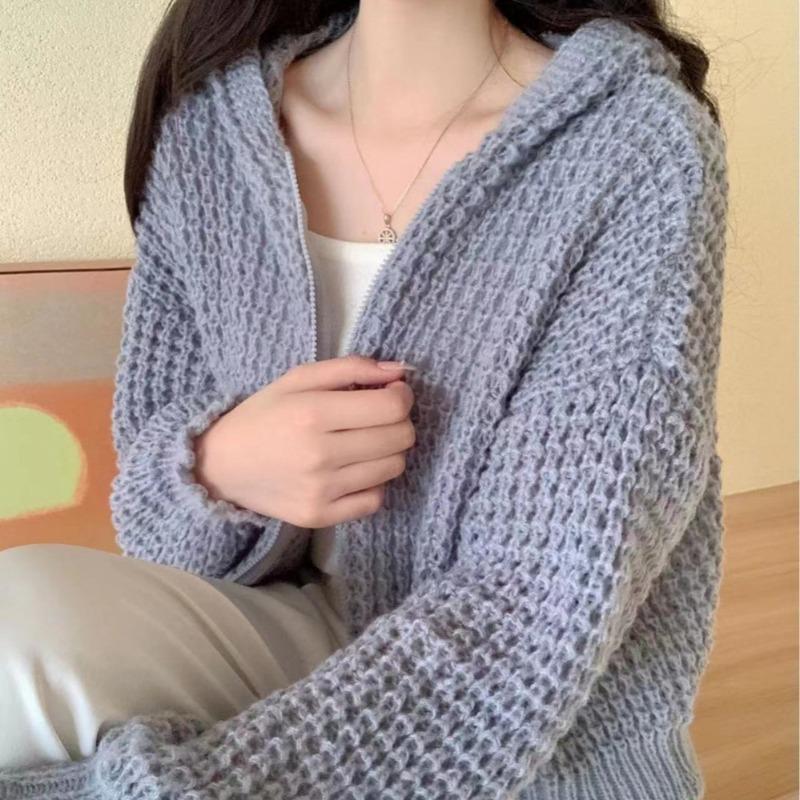 Autumn Winter New Zipper Knitted Hooded Sweater Jacket Korean Retro Cardigan Women Coats Casual Slim Fit Knitwear Jackets Simple Elegant Solid Top