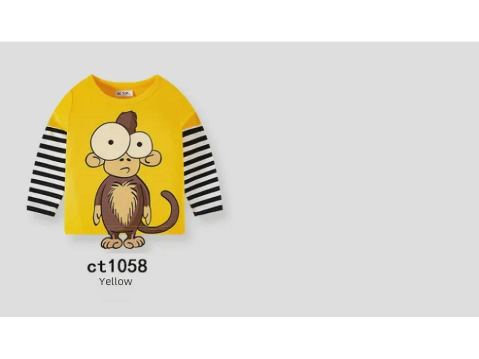 Spring & Autumn 2025 Kids' 3D Cartoon T-shirt with Striped Sleeves - 100% Cotton for Boys
