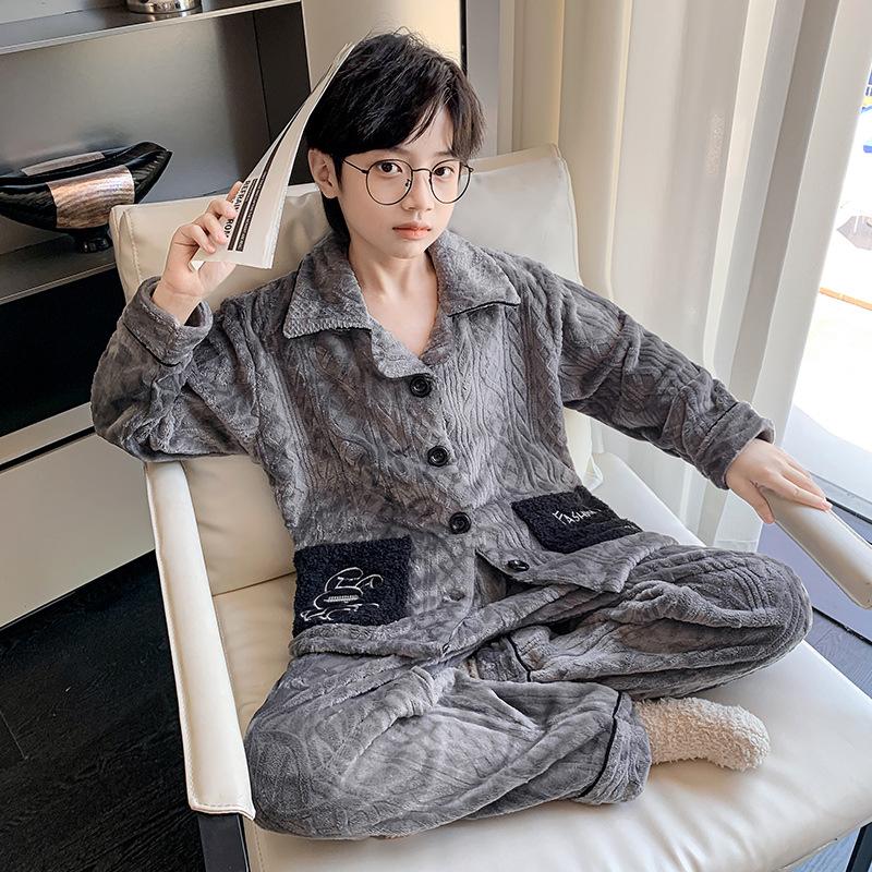 Children s Coral Fleece Pajamas: Thick Flannel Homewear for Big Boys, New for Autumn/Winter 2025 110cm (Recommended Height 105cm)