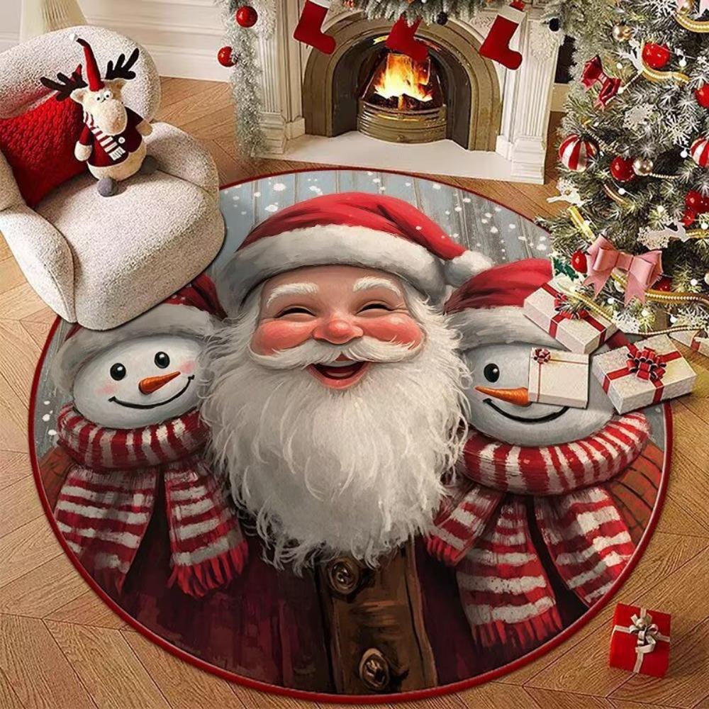 Polyester Christmas Round Mat Snowman Cartoon Anti-Slip Round Rug Snowflake Print Decorative Floor Rugs Winter Season