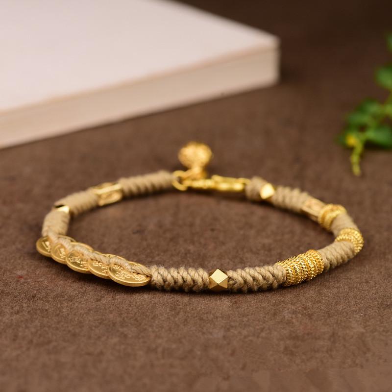 Hand Woven Five Coins Lucky Red Bracelet Blessing Hand Rope Female National Beige Rope Lover Girlfriend Bracelet