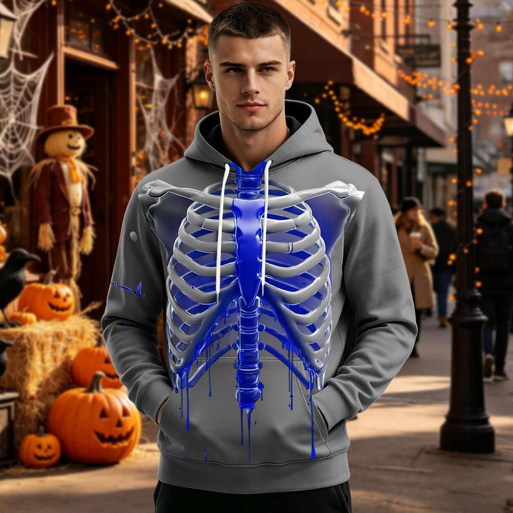 Men's Halloween Funny Skeleton Print Long Sleeve -Lined Pullover Hoodie with Pocket