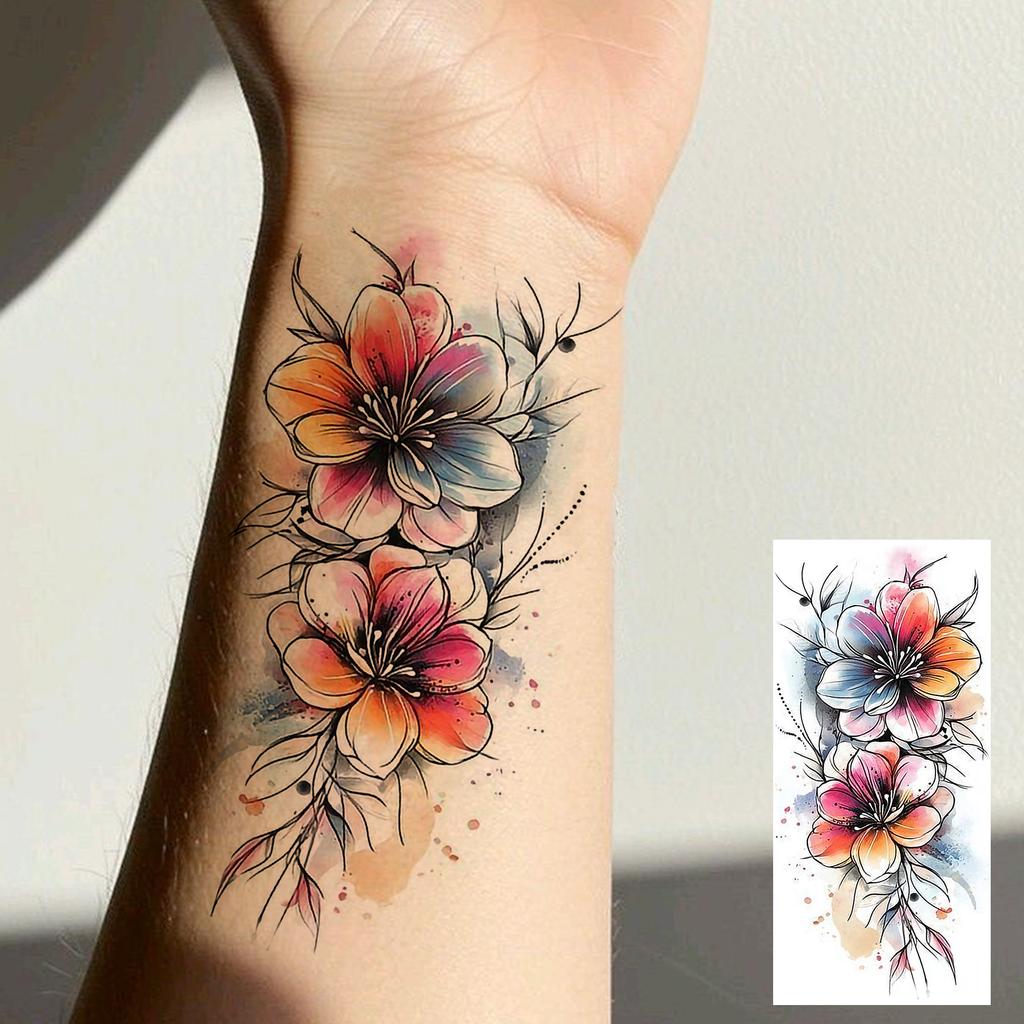 1 Sheet Colorful 3D Rose Flower Butterfly Temporary Tattoos For Women Adults Hand Foot, Waterproof Realistic Fake Tattoo Sticker