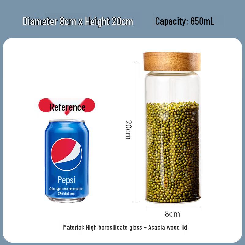 Acacia Wood Lid Glass Food Storage Jar 8cm D x 20cm H, 850ml