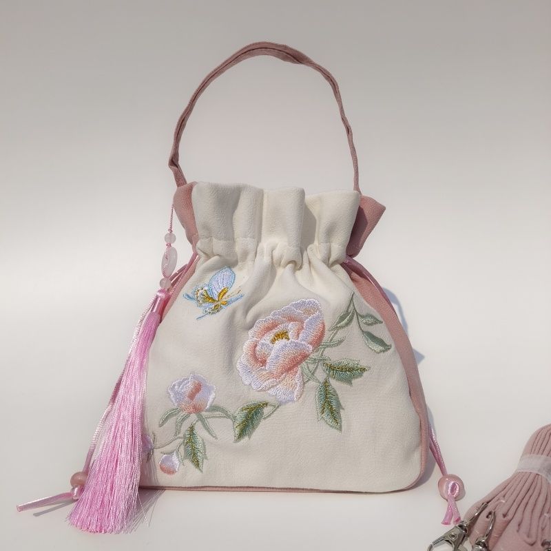 

Холщовая вышитая сумка-мешок в древнекитайском стиле, повседневная сумка кроссбоди на кулиске Light powder peony small size slung Satchel 20*20