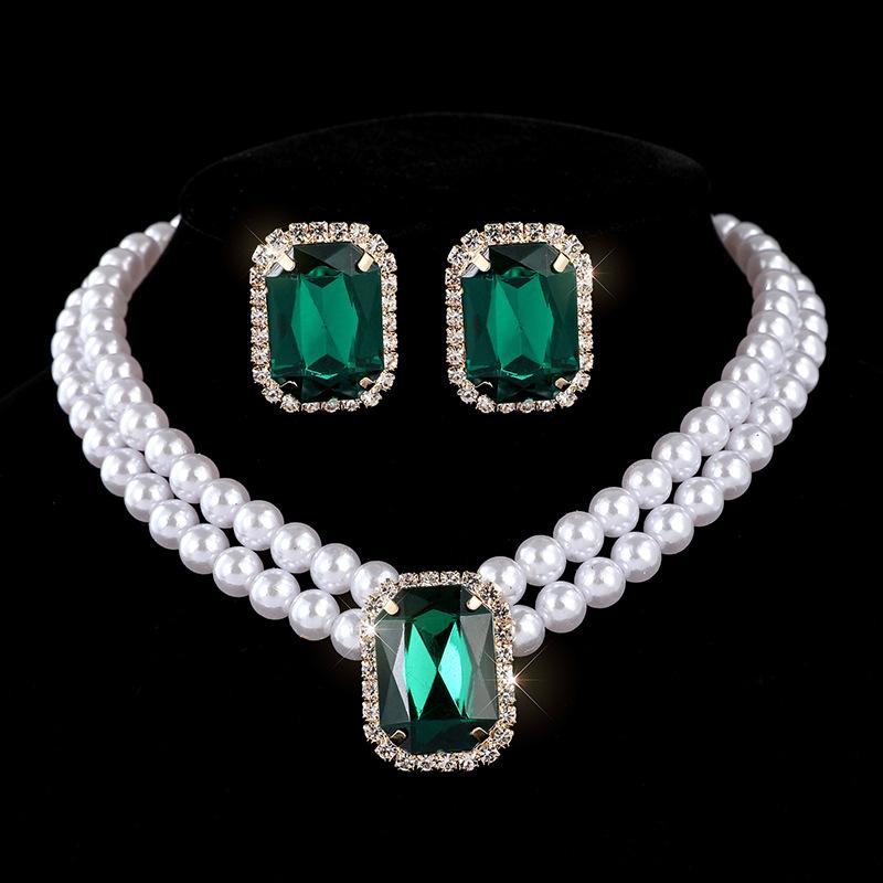 Jewel Home Women's Pink Pearl Geometric Imitation Pearl Choker Necklace Bride Light Luxury Multi-Layer Imitation Pearl Necklace Stud Earrings Set