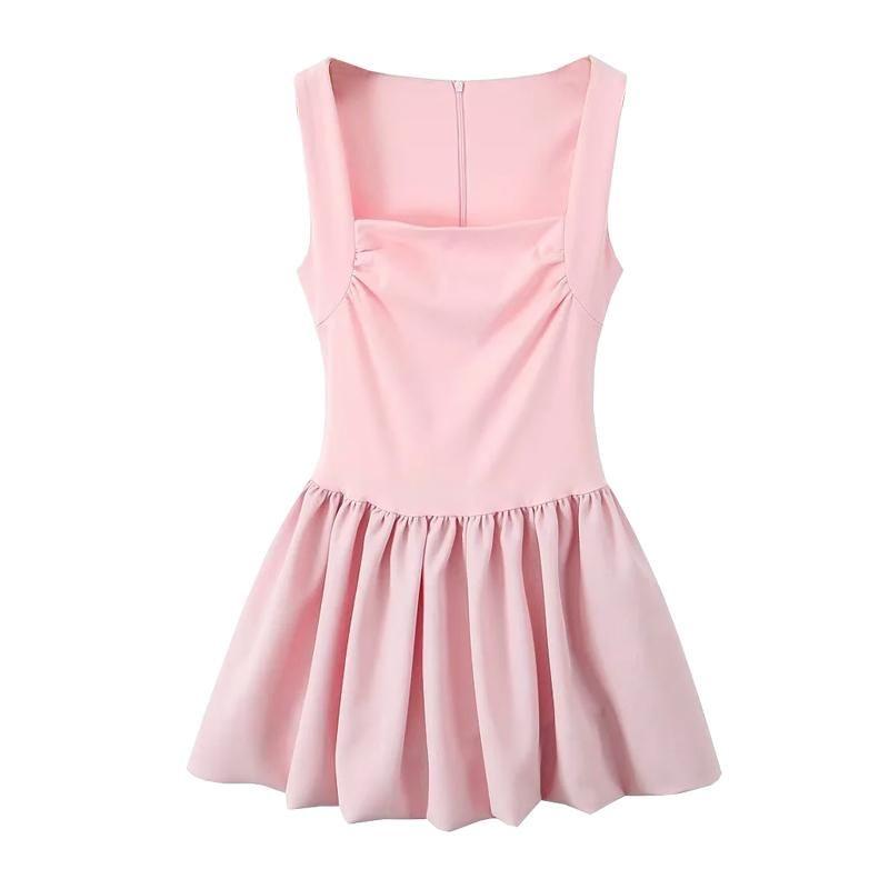 Fall and Winter New Women's Clothing French Style Design Sleeveless Square Collar A- Line Short Puffy Hem Sling Dress