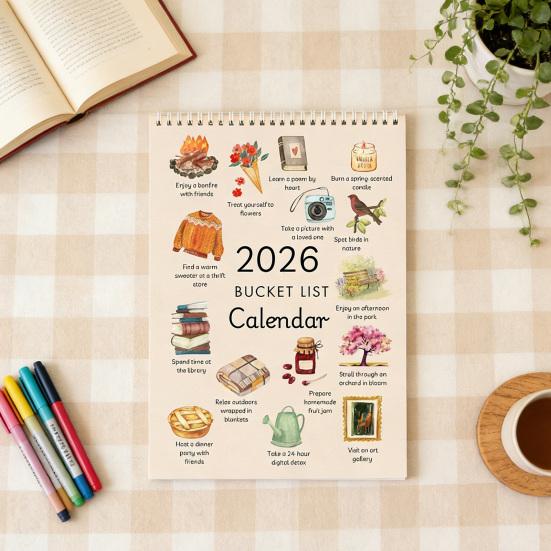2026 Bucket List Kalender Künstlerischer Wandkalender Planer Hängender Monatskalender Zeiterinnerungskarte für Heim- und Bürogebrauch