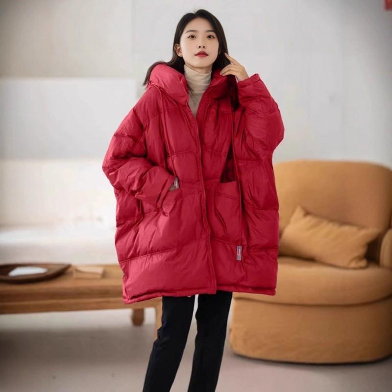 Womens Mid-Length Down Jacket Winter Warm Loose Fit Hooded Coat With Pockets White Duck 50% Fill Power