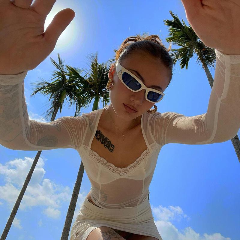 Moda Dantela Trim Mesh Crop Tops Anii 90 Estetică Mozaic Gât pătrat Mânecă lungă Alb Sexy Tricouri de vară