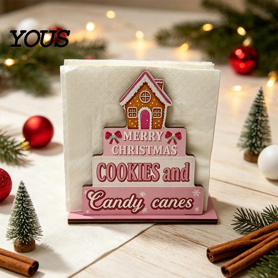 Festive Home Accents Wooden Christmas Napkin Holder, Rustic Farmhouse Tissue Dispenser, Pink Merry Hand Painted Wood Decor Cocktail Holder for Dining