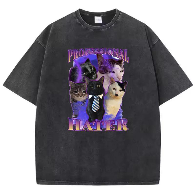 Retro T-Shirt Vintage Gewaschenes Baumwoll-T-Shirt Professioneller Hater Katze Grafik-T-Shirt Lässige Streetwear Frühling Sommer