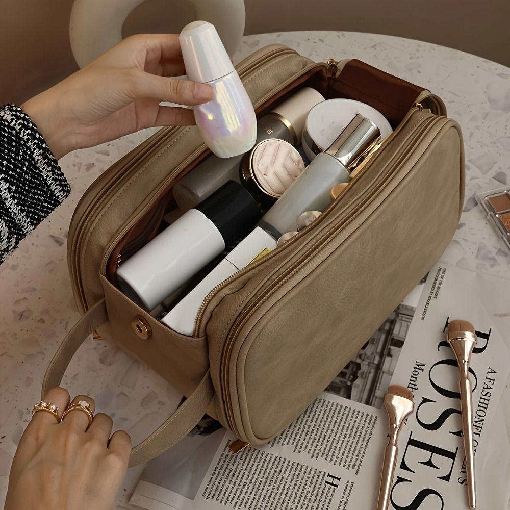 Double Zipper Makeup Bag Luxurious Travel Cosmetics Bag Portable Leather Wash Bag  Women