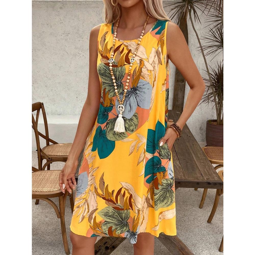 

Women s Summer Beach Vacation Dress Sexy Elegant Floral Print Sleeveless Round Neck Loose Mini Dress Plus Size Breathable Dress S жёлтый