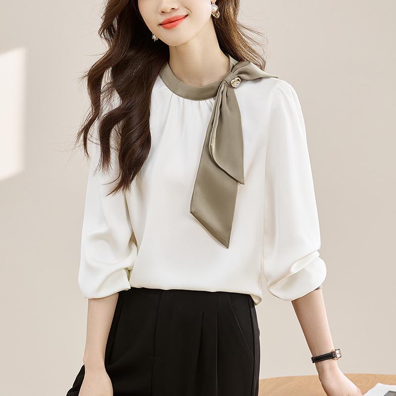 Gentle Collar Bow Tie Shirt for Women, 2026 Spring and Autumn New Style, Color Block Ribbon Design Satin Top