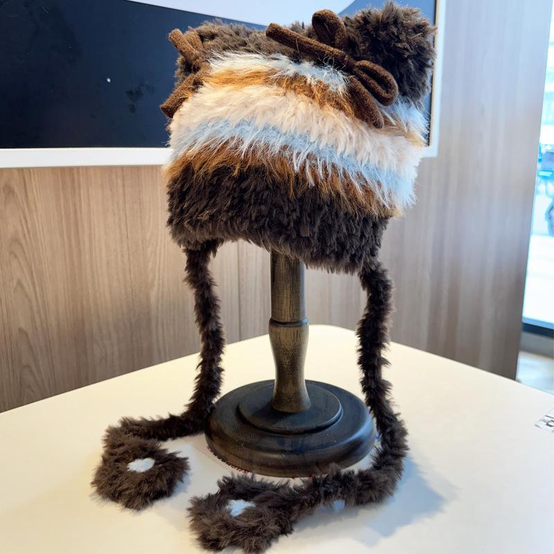 Cute Plush Hat Women's Autumn and Winter Colorful Fringed Braids Knitted Pullover Hat Ear Protector
