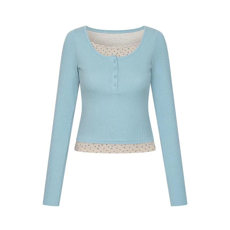 Camiseta de Manga Larga para Mujer Primavera y Otoño Estilo Francés Ajustada Ropa de Mujer con Falso Dos Encaje Y2k