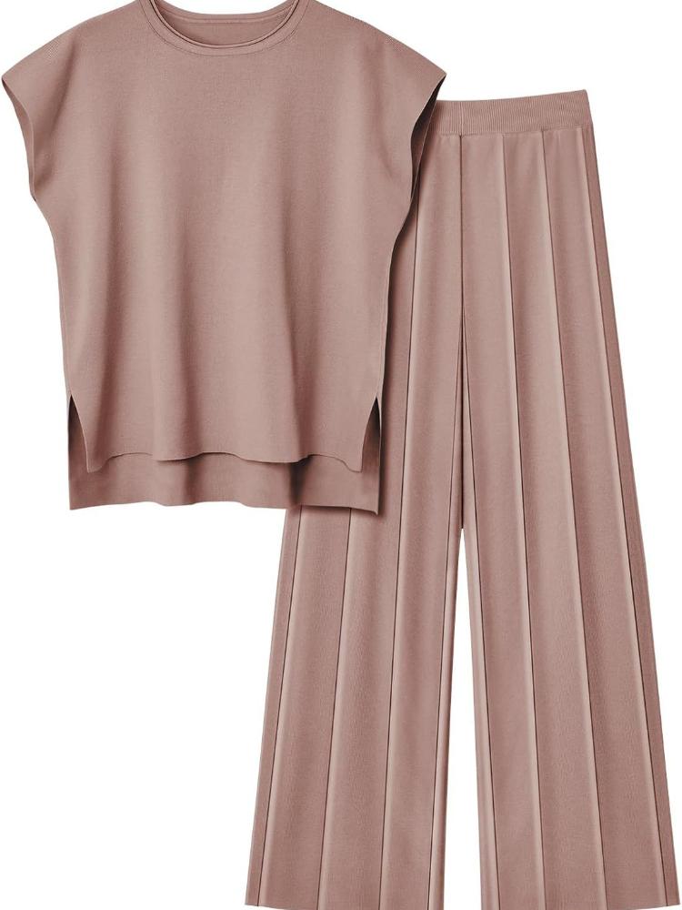 

Женский повседневный комплект с топом с коротким рукавом и брюками с широкими штанинами, светло-бежевый, свободный крой, подол с боковыми разрезами, брюки с вертикальной плиссировкой XL