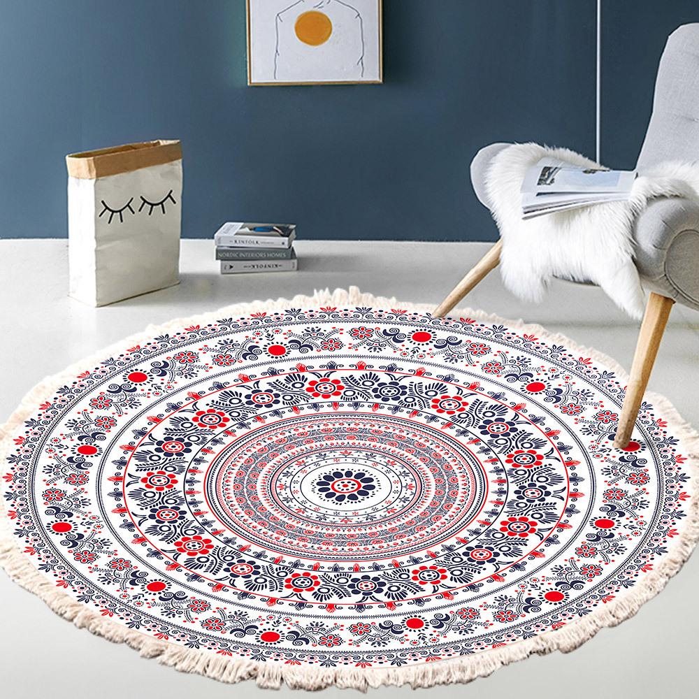 Nordic Cotton and Linen Home Leisure Non-slip Fringed Printed Round Carpet Living Room Floor Mat Bedroom Bedside Blanket