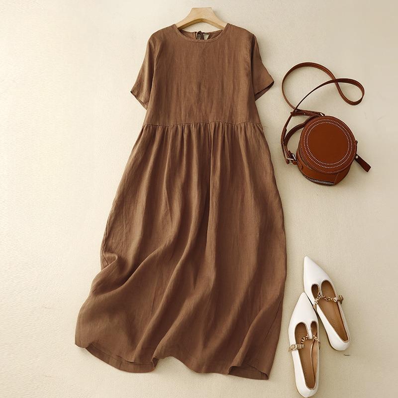 Simple and Elegant Simple Dress Literary Round Collar Sleeve Belt Big Skirt