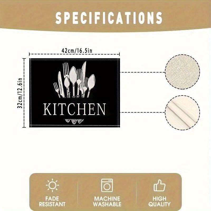 [4pcs Knife & Fork Placemats] 4pcs Linen Placemats | Black Knife & Fork Pattern | Kitchen Fabric Table Mats | Hotel Holiday Party Room Decoration