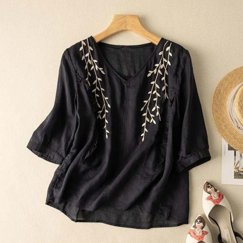 Summer new embroidered cotton and linen top loose temperament literary retro seven-quarter sleeve casual versatile