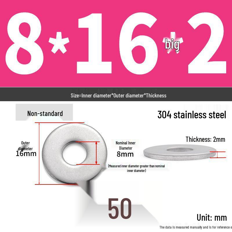 304 Stainless Steel Thickened Flat Washer Ring - Various Sizes (M1.6-M22)