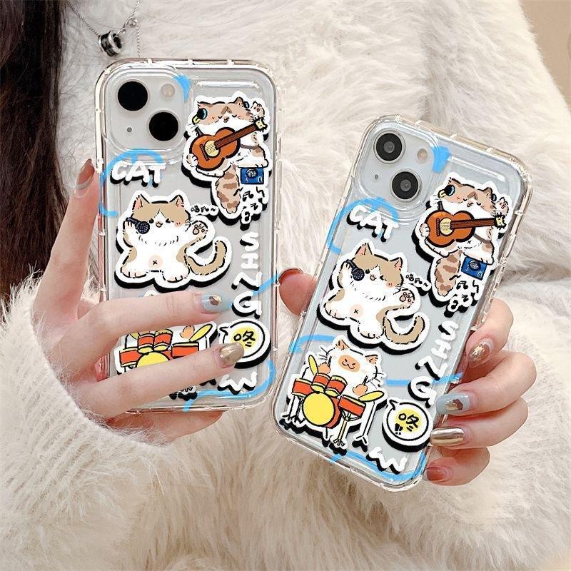 Rock music cat iPhone16promax mobile phone case Apple 14 transparent 13/15 fine hole anti-drop 11