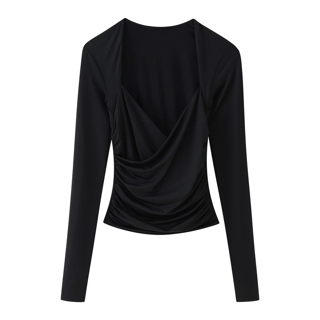 2025 Spring Women's European & American Style Cowl Neck Pleated Long Sleeve Nylon Top