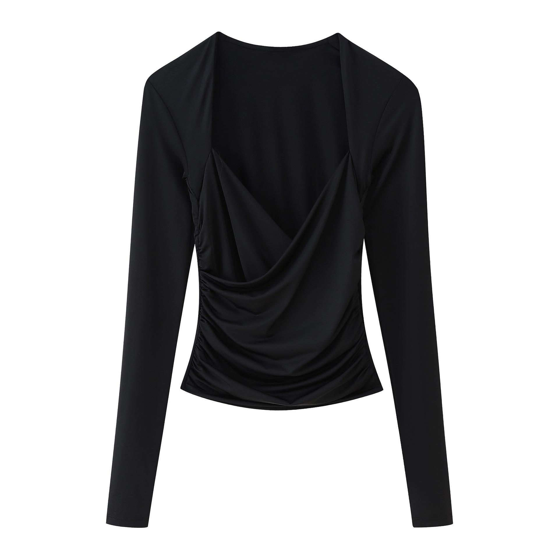 

Весна 2025 Женский Европейский и Американский Стиль Топ из Нейлона с Драпированным Вырезом и Плиссированными Длинными Рукавами Small