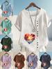 Women's Fashion Heart-shaped Scenery Print Casual Cotton Linen Short Sleeve Round Neck T-shirt Shirt Leisure Loose Summer Blouse Tops